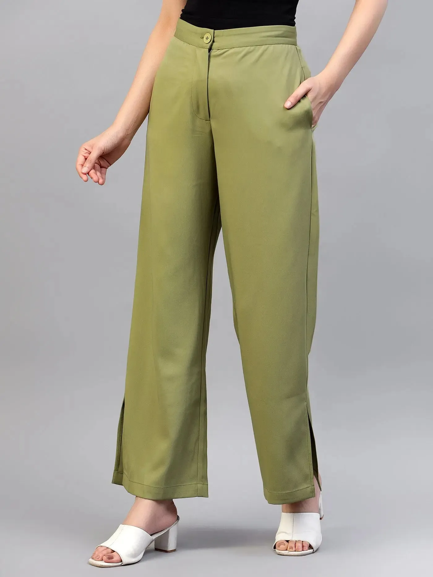 Jade Green Flat Front Casual Trousers