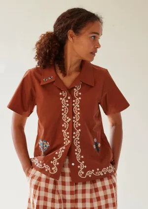 Johanson Shirt with Storybook Embroidery, Terra Cotta Poplin