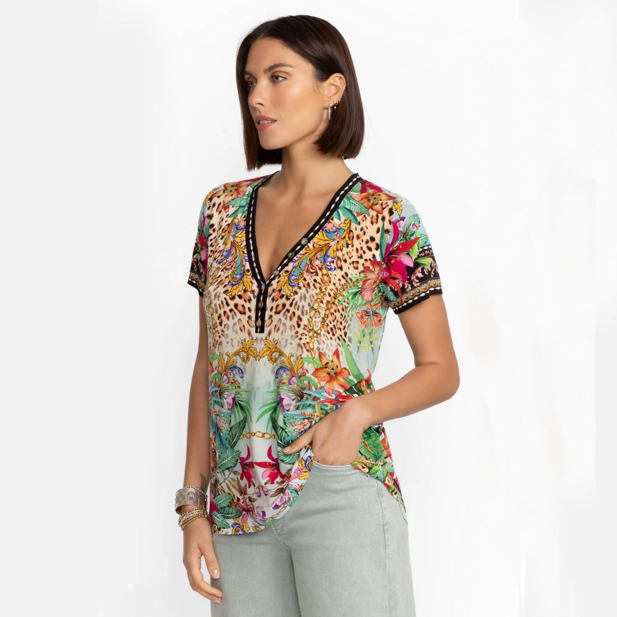Johnny Was Janie Favorite Henley Tee Miller Tigre White Pink Floral Shirt Top New