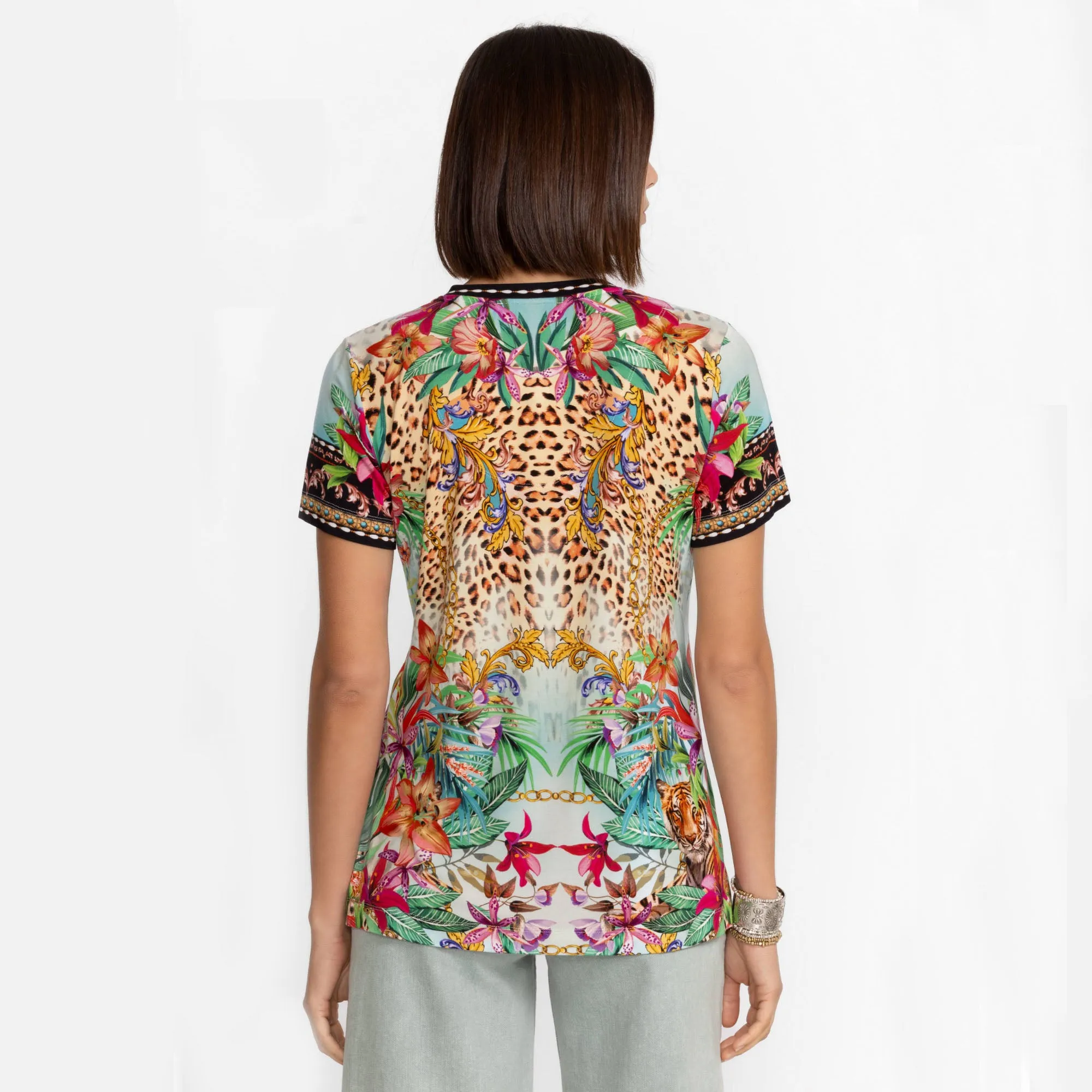 Johnny Was Janie Favorite Henley Tee Miller Tigre White Pink Floral Shirt Top New