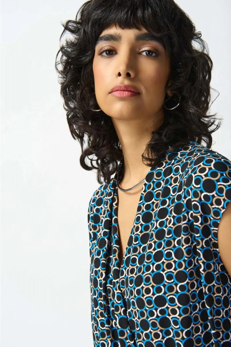 Joseph Ribkoff Black/Multi Geometric Print Faux Wrap Cap Sleeve Top 242064