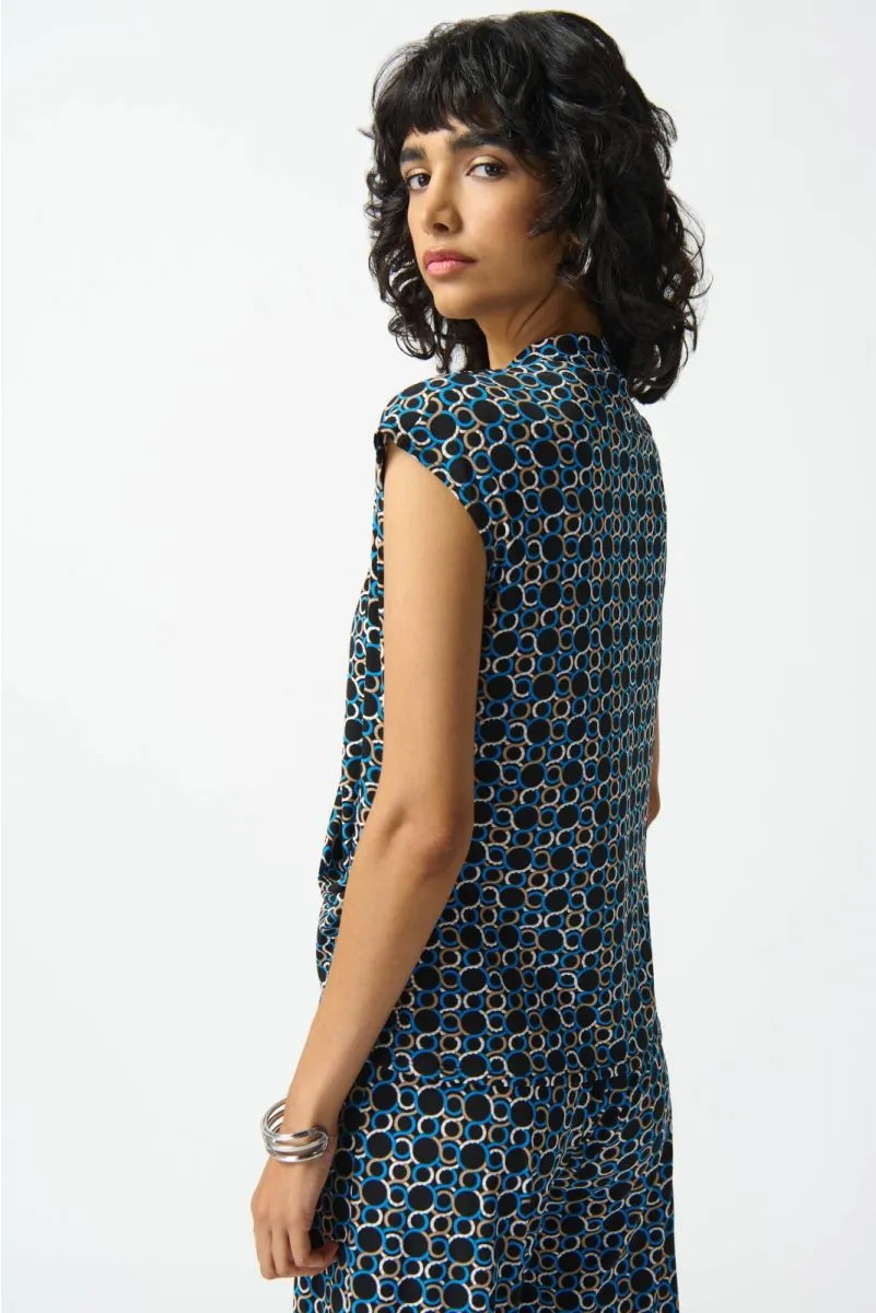 Joseph Ribkoff Black/Multi Geometric Print Faux Wrap Cap Sleeve Top 242064