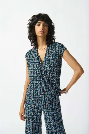 Joseph Ribkoff Black/Multi Geometric Print Faux Wrap Cap Sleeve Top 242064