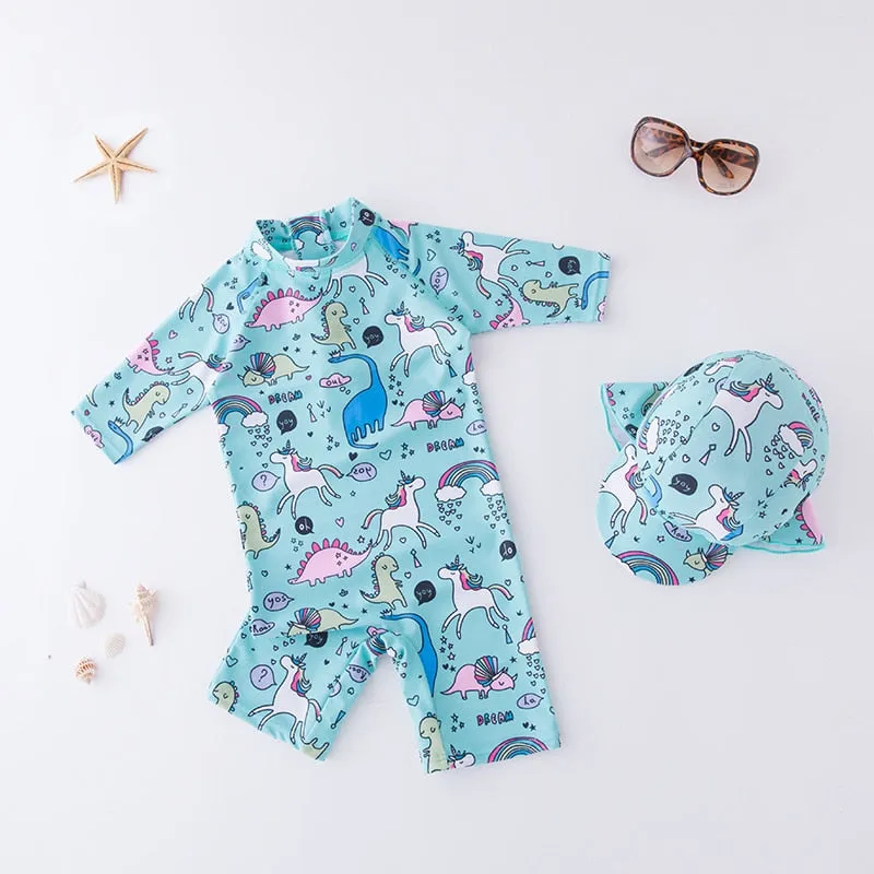 Kids Animal Print UV Protection Rash Guards Long Sleeve Beachwear Swimwear Set - Blue, Navy Blue, Pink
