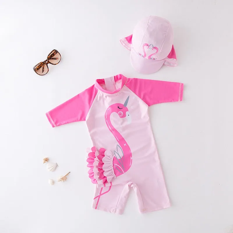 Kids Animal Print UV Protection Rash Guards Long Sleeve Beachwear Swimwear Set - Blue, Pink, White