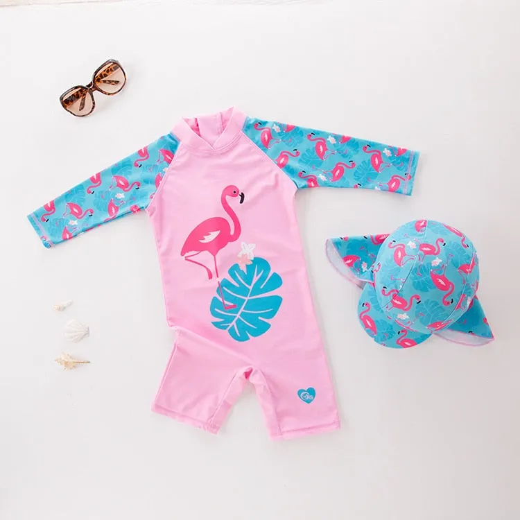 Kids Animal Print UV Protection Rash Guards Long Sleeve Beachwear Swimwear Set - Blue, Pink, White