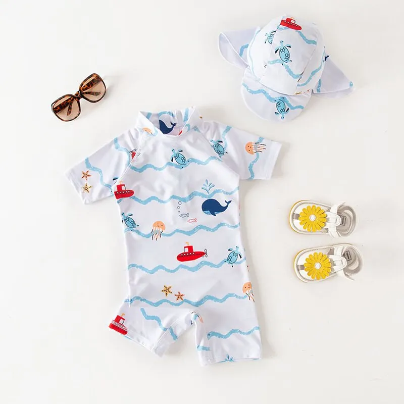 Kids Animal Print UV Protection Rash Guards Long Sleeve Beachwear Swimwear Set - Blue, Pink, White