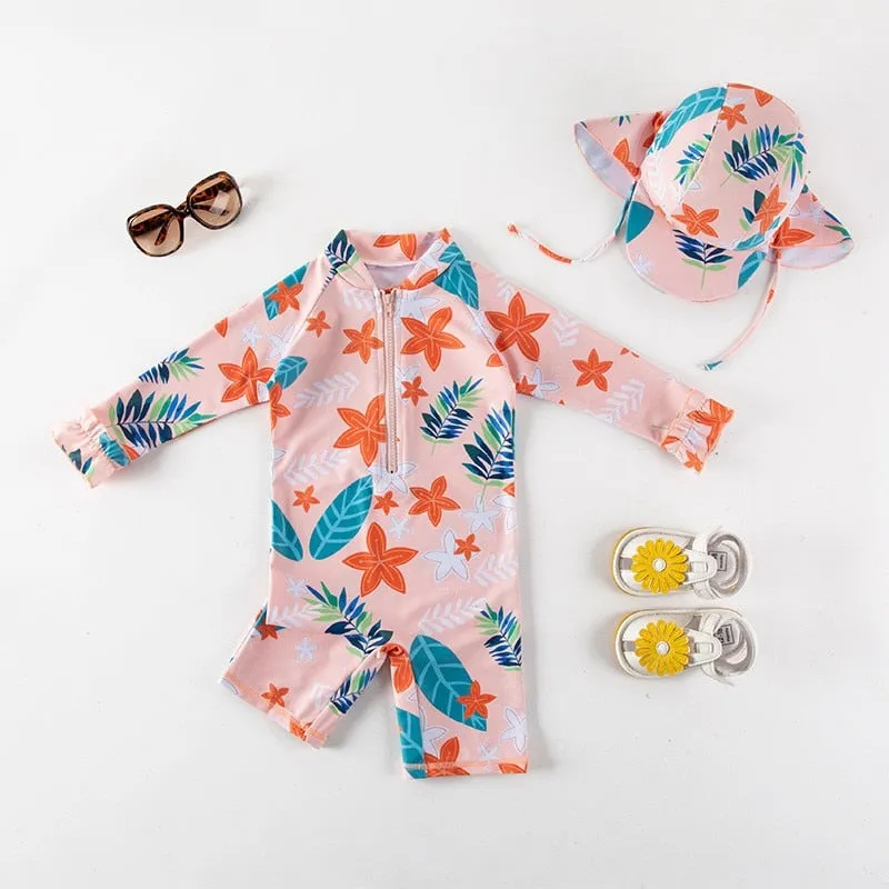 Kids Animal Print UV Protection Rash Guards Long Sleeve Beachwear Swimwear Set - Blue, Red, Pink