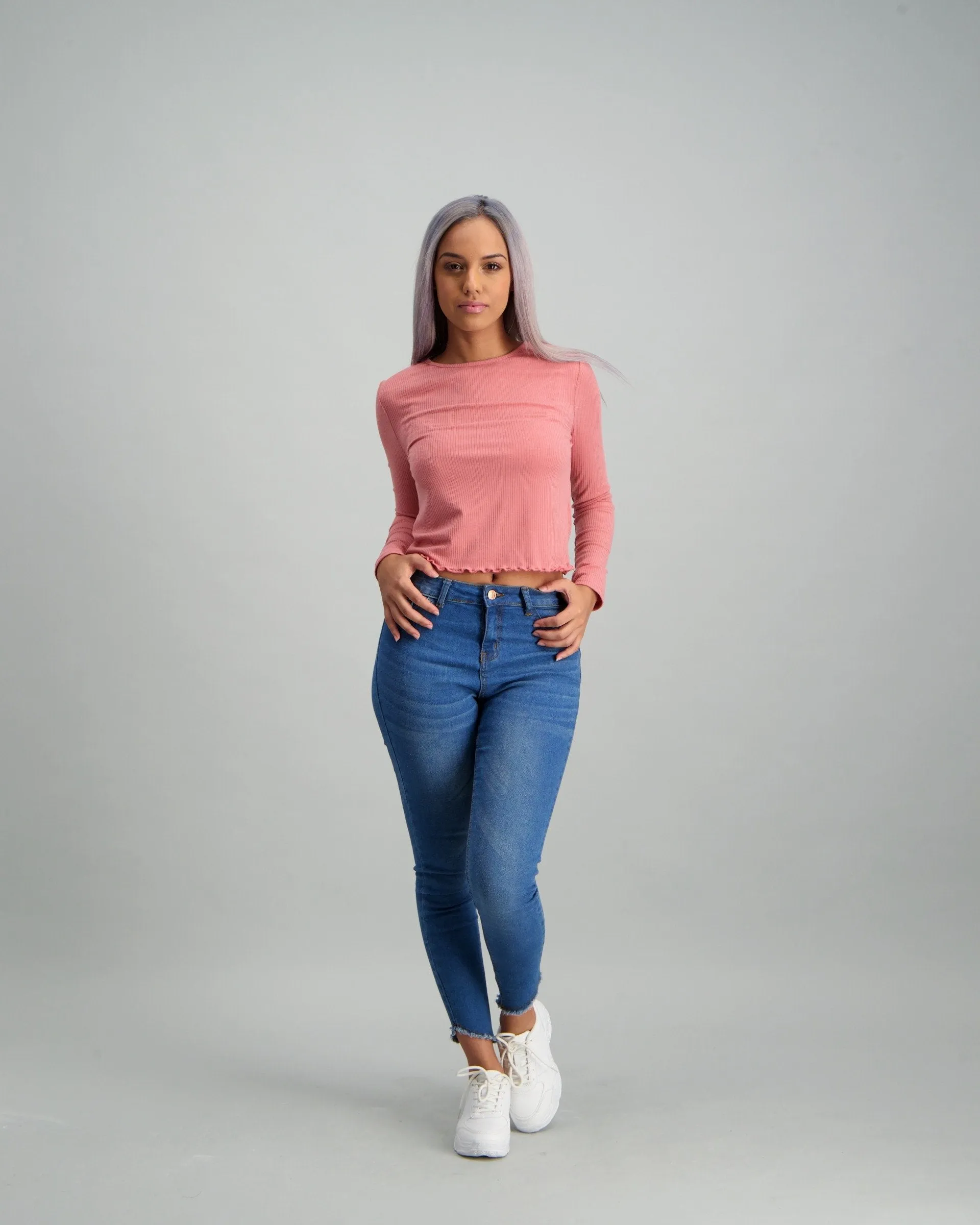 Ladies Long Sleeve Rib Top - Dusty Rose