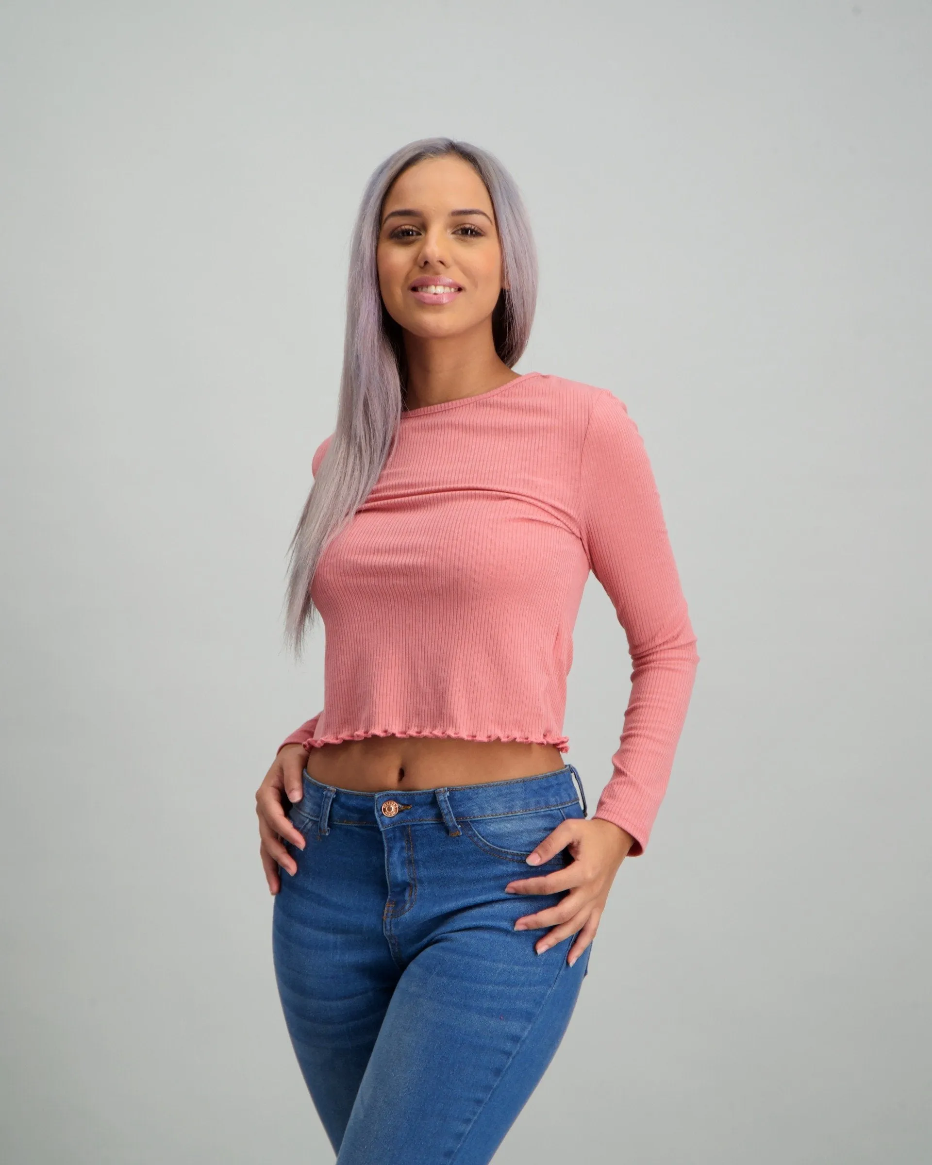 Ladies Long Sleeve Rib Top - Dusty Rose