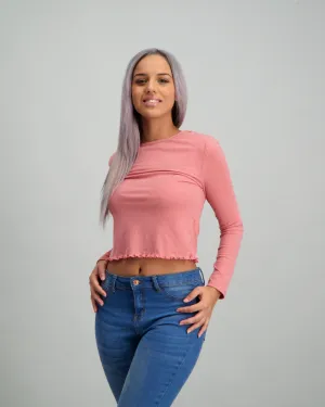 Ladies Long Sleeve Rib Top - Dusty Rose