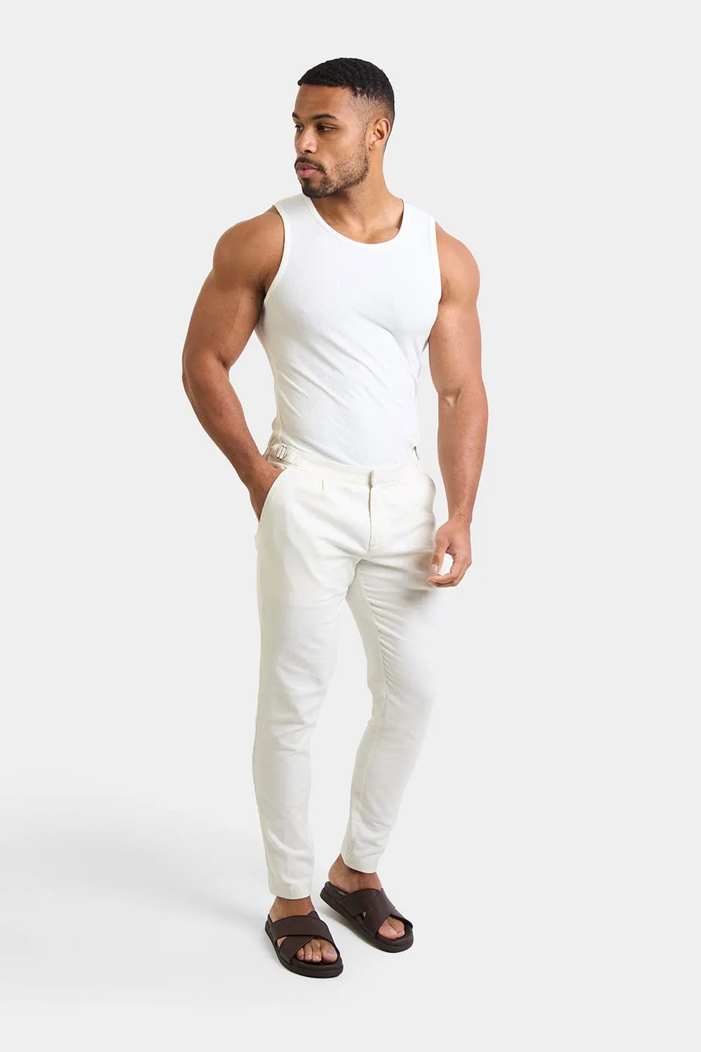 Linen Blend Cropped Pleated Trousers in Chalk