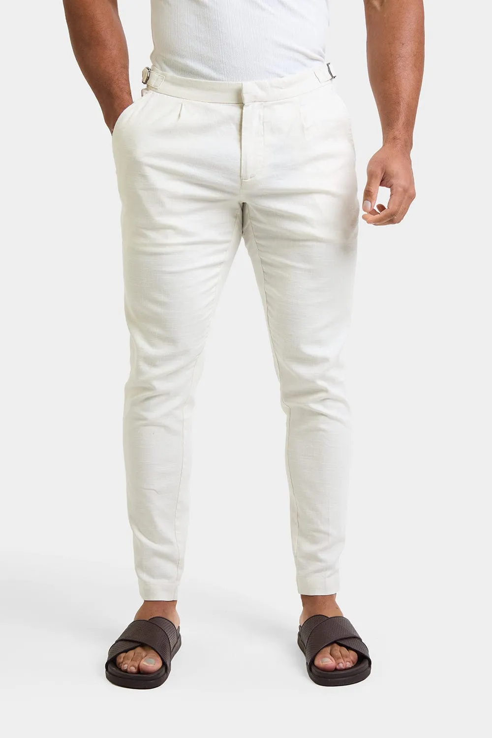 Linen Blend Cropped Pleated Trousers in Chalk