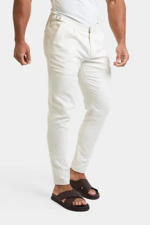Linen Blend Cropped Pleated Trousers in Chalk