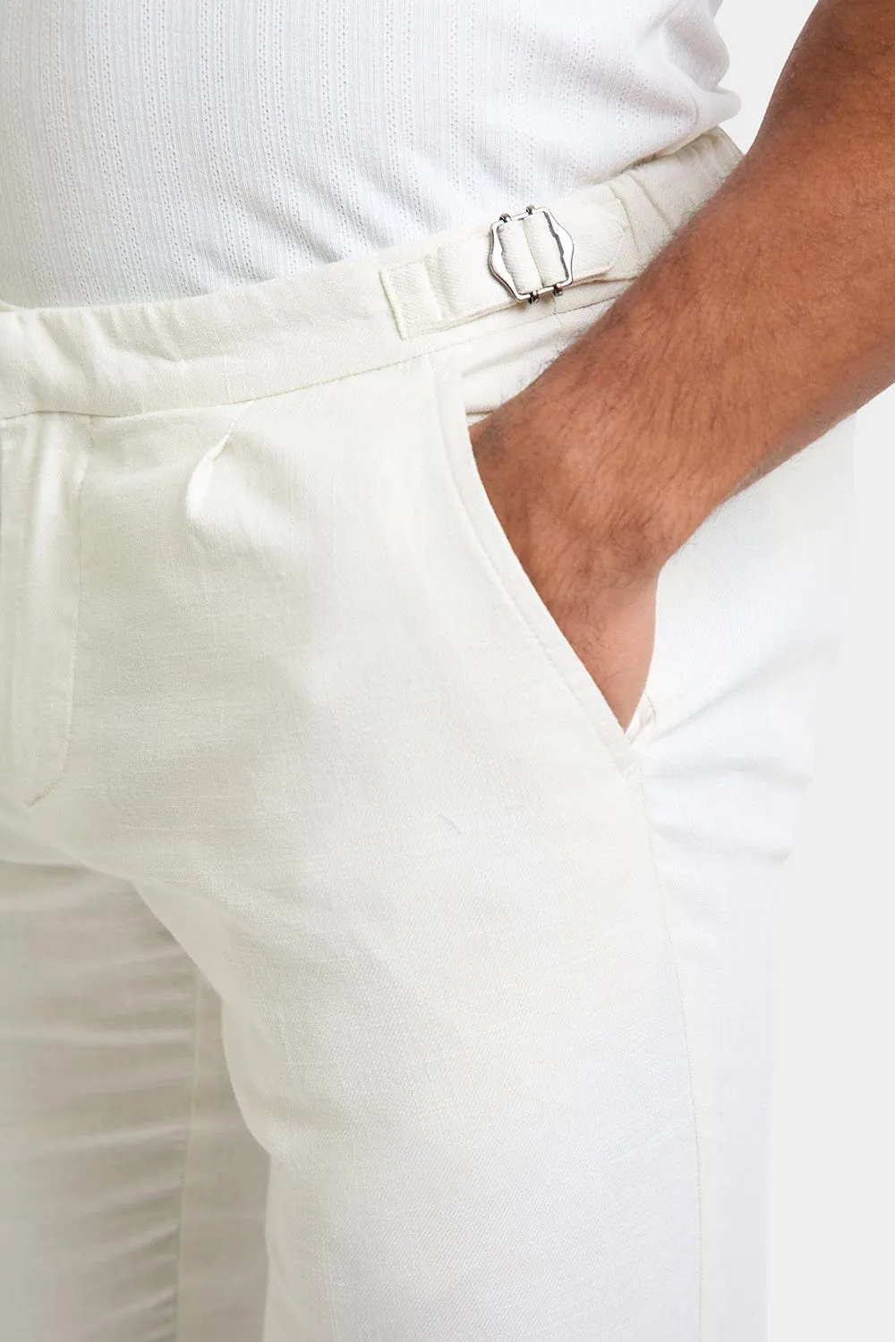 Linen Blend Cropped Pleated Trousers in Chalk
