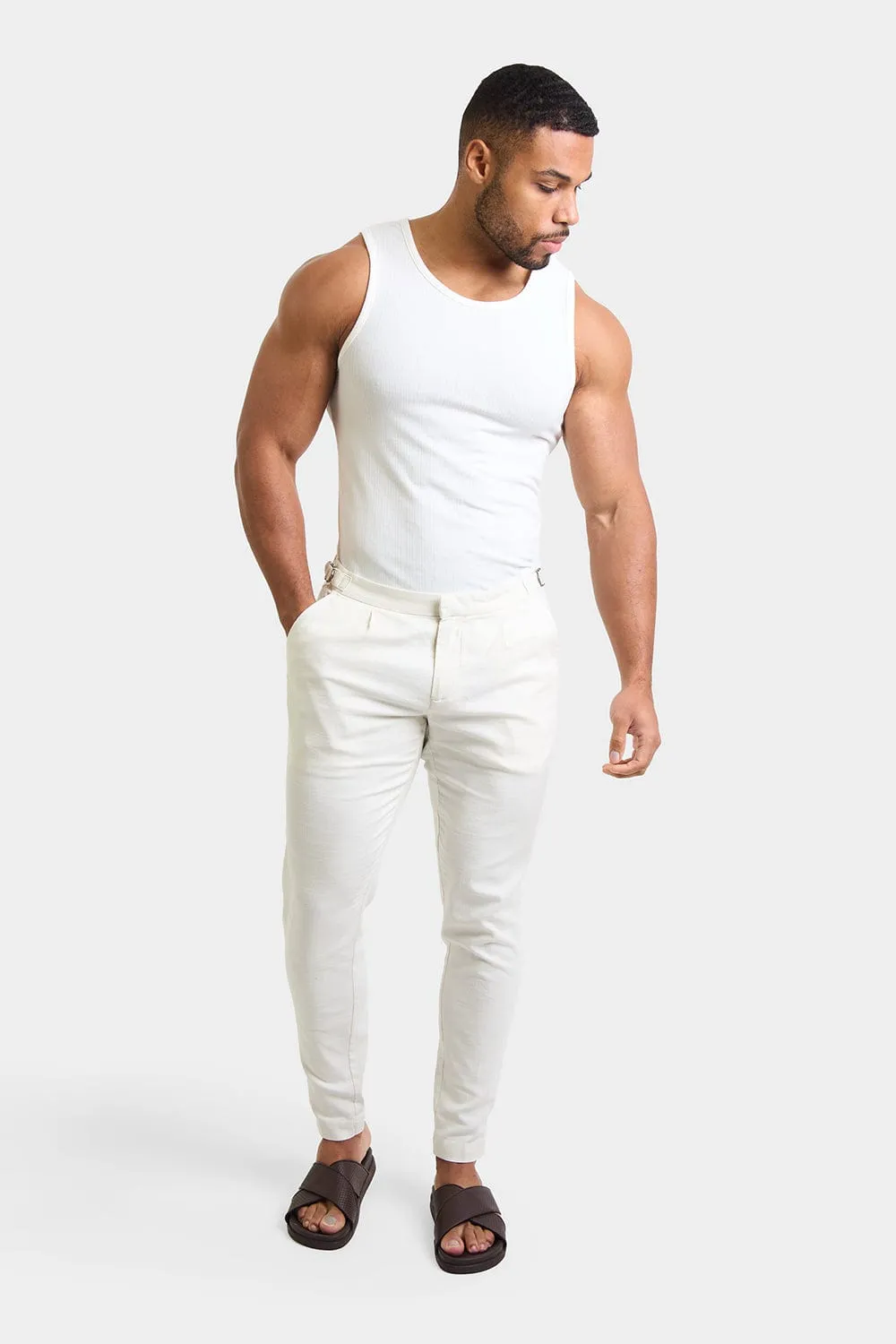 Linen Blend Cropped Pleated Trousers in Chalk
