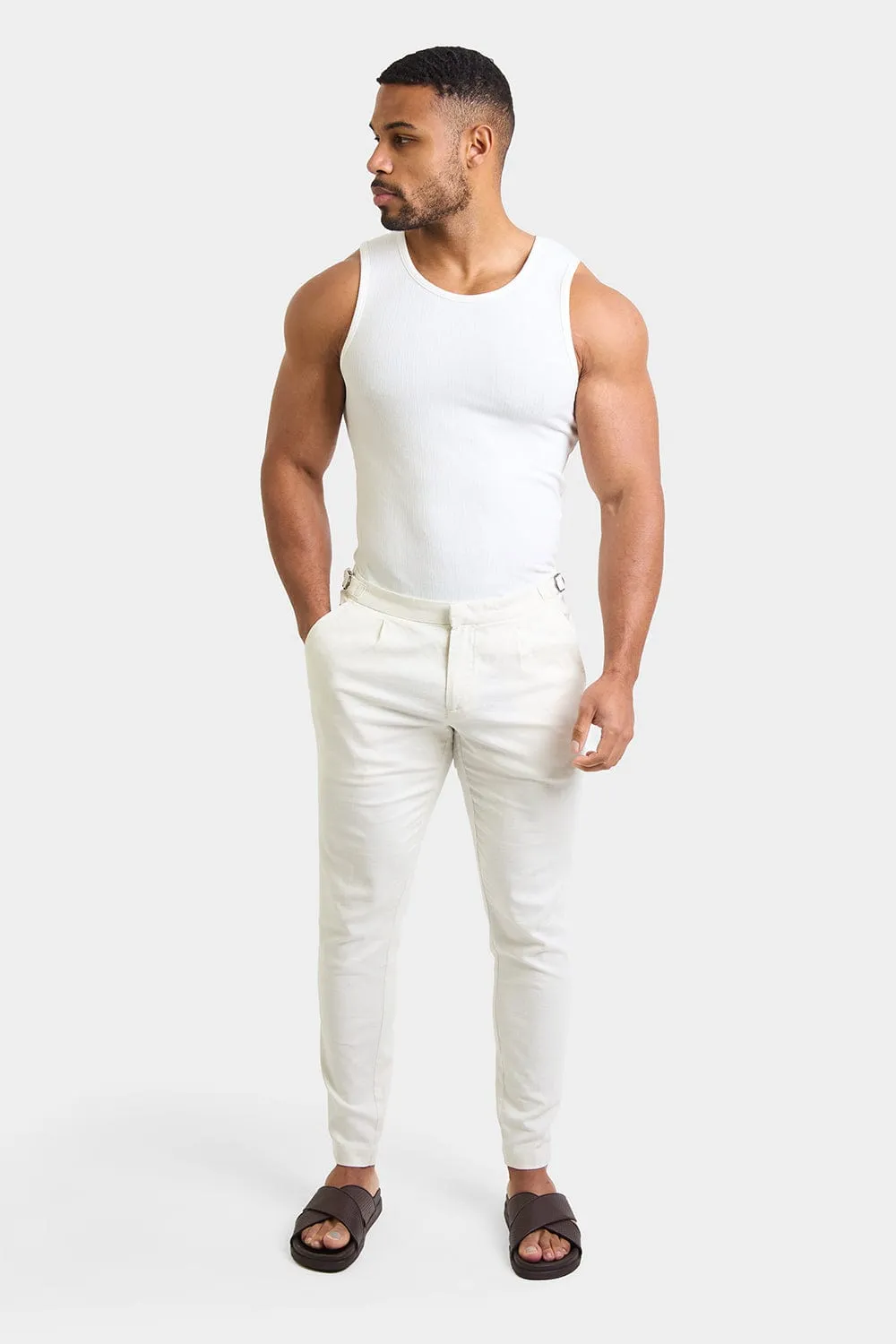 Linen Blend Cropped Pleated Trousers in Chalk