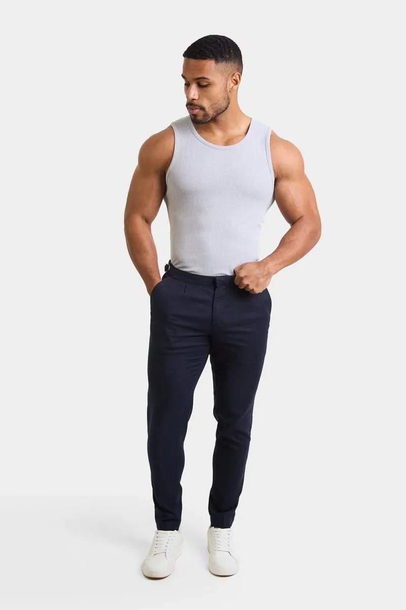 Linen Blend Cropped Pleated Trousers in Navy