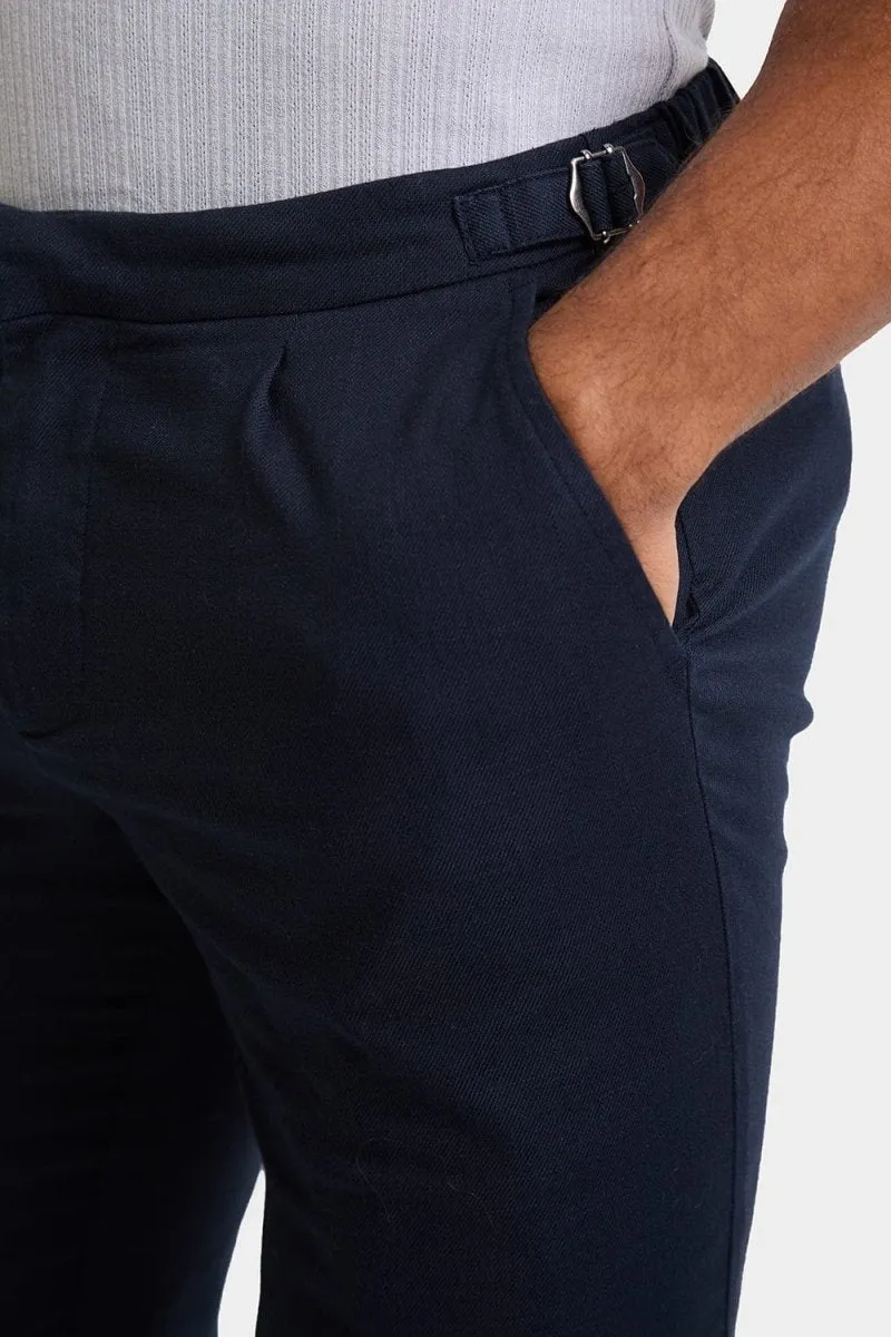 Linen Blend Cropped Pleated Trousers in Navy