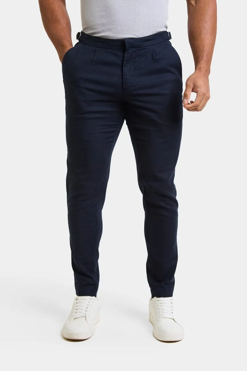 Linen Blend Cropped Pleated Trousers in Navy