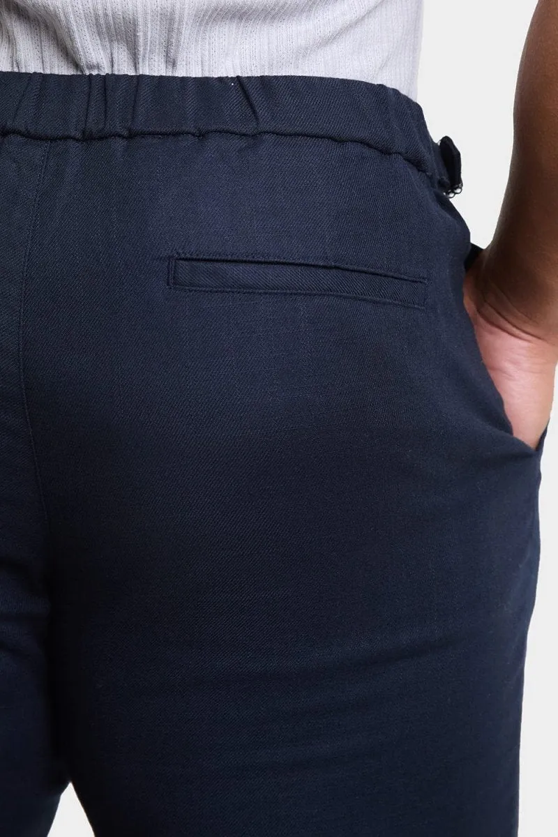 Linen Blend Cropped Pleated Trousers in Navy