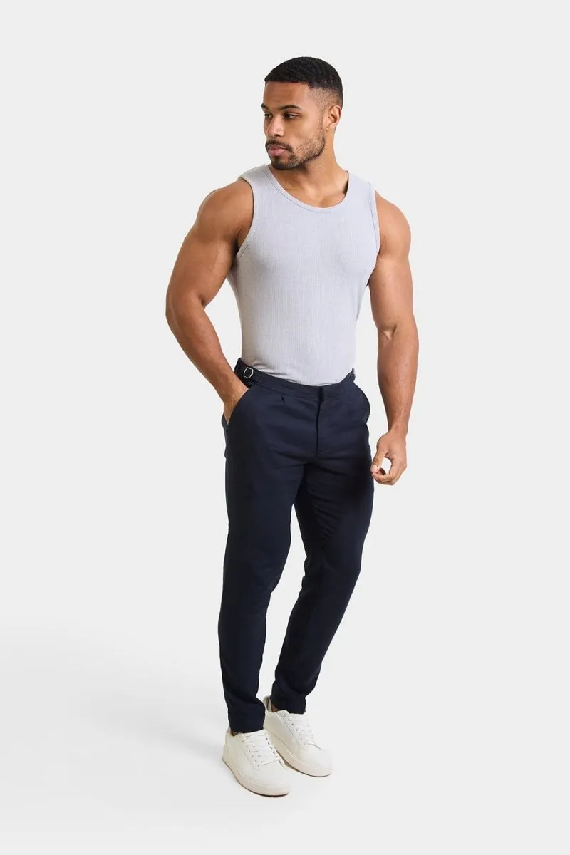 Linen Blend Cropped Pleated Trousers in Navy