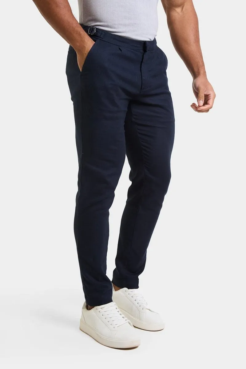 Linen Blend Cropped Pleated Trousers in Navy
