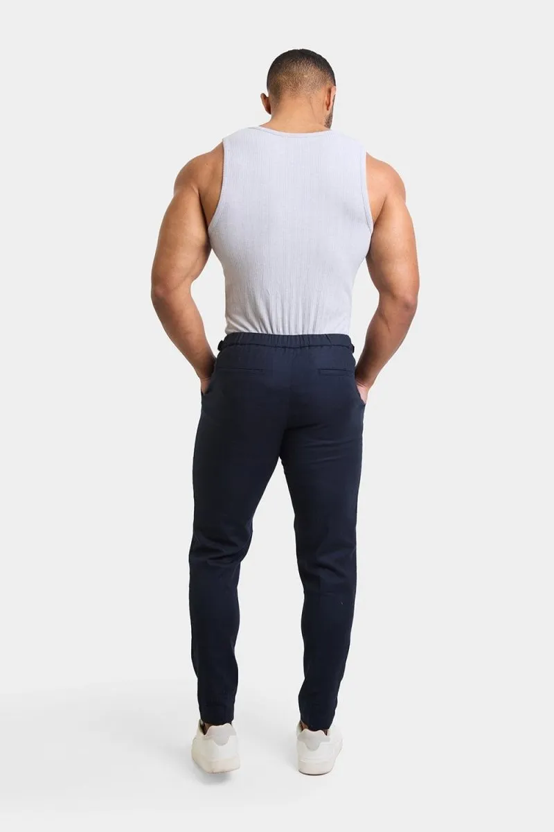 Linen Blend Cropped Pleated Trousers in Navy