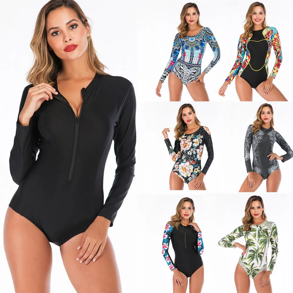 Long Sleeve Rash Guard Women Floral Print Swimwear Zipper One Piece Swimsuit High Neck Surf Suit Black Dive Bodysuit Beachwear