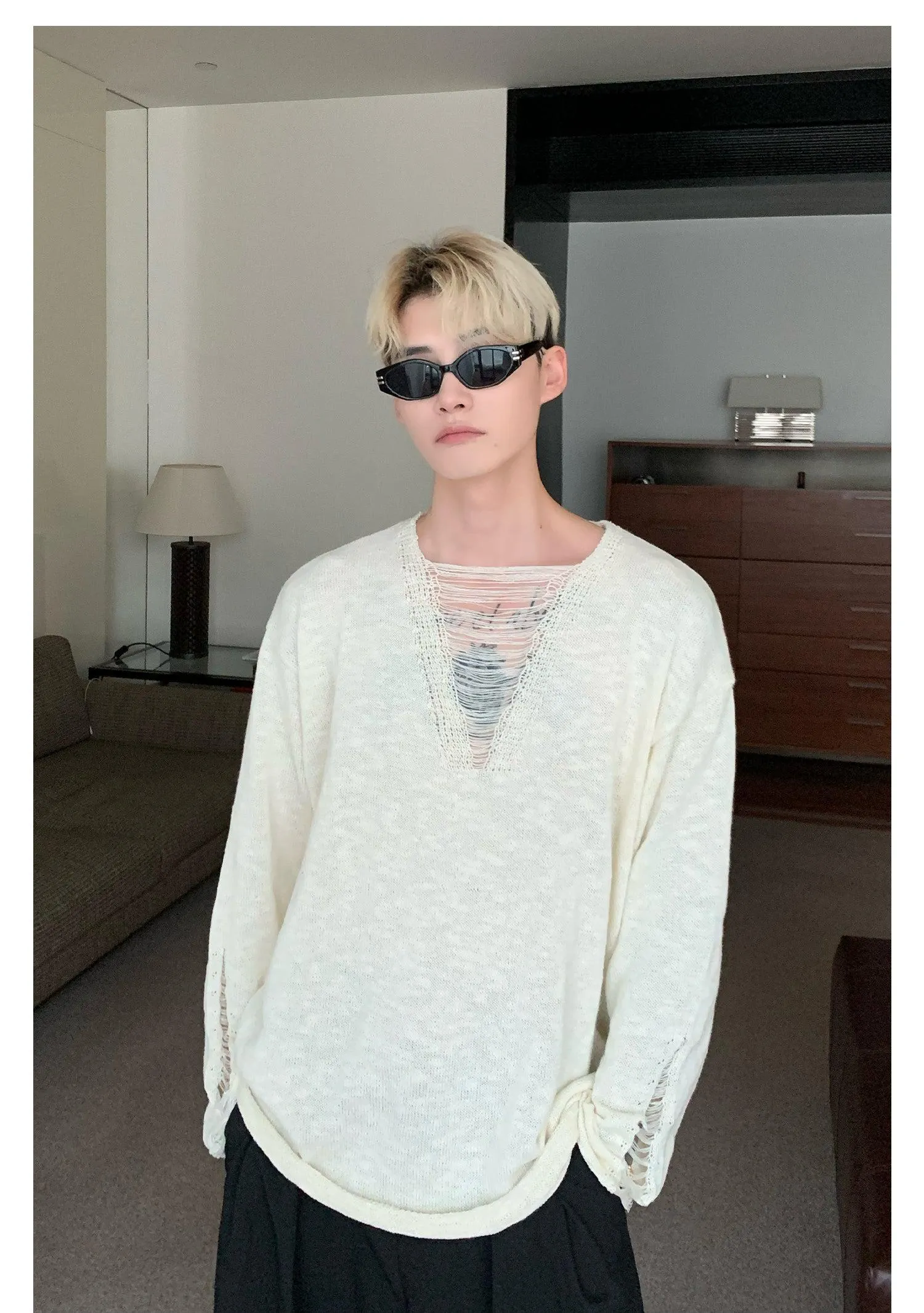 Long Sleeved Hollow V-neck Shirt
