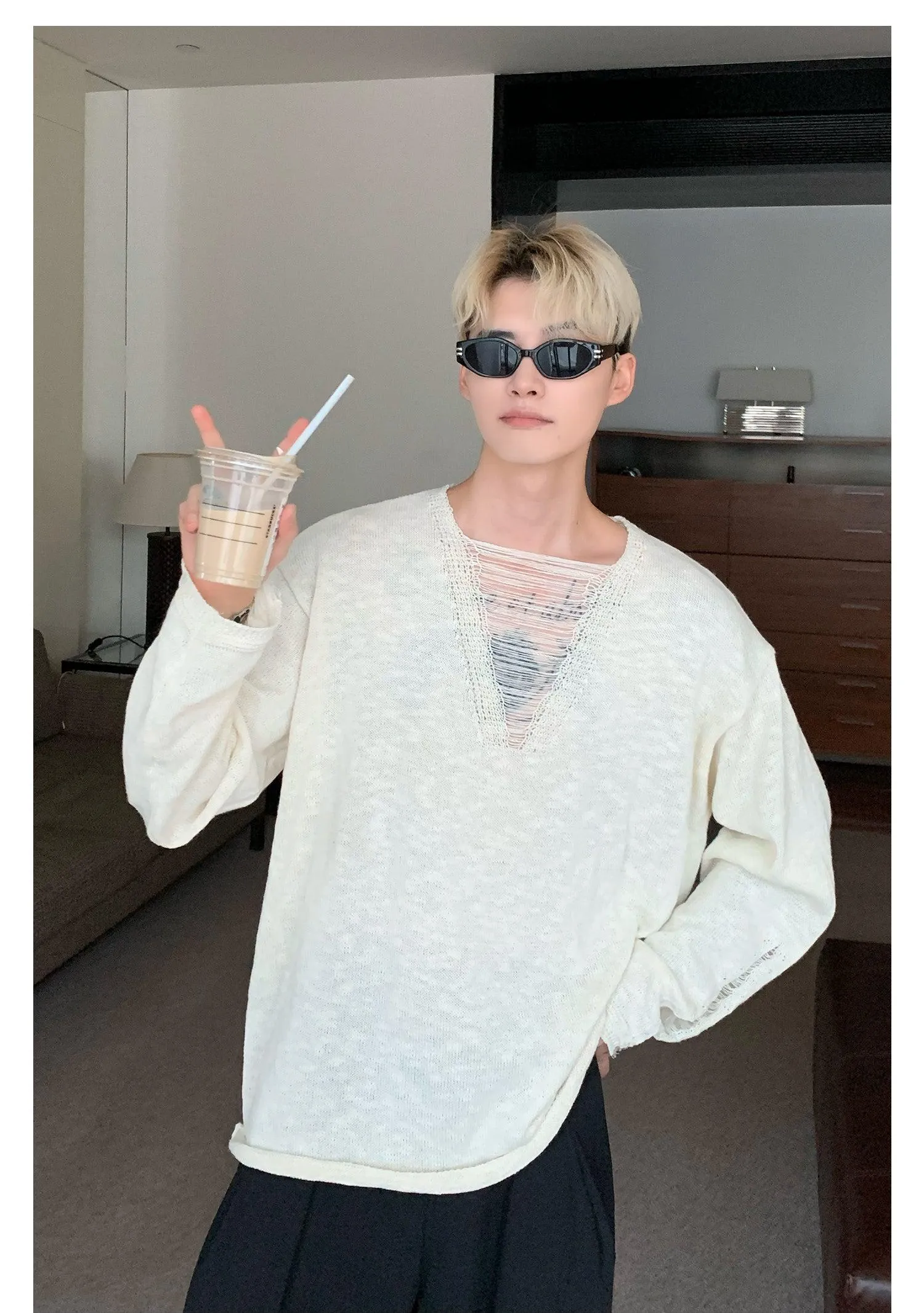 Long Sleeved Hollow V-neck Shirt