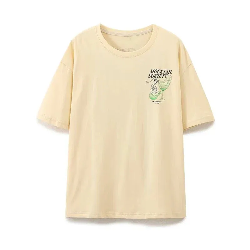 Loose Summer Mocktail Society 2024 Printed T-shirt for Women