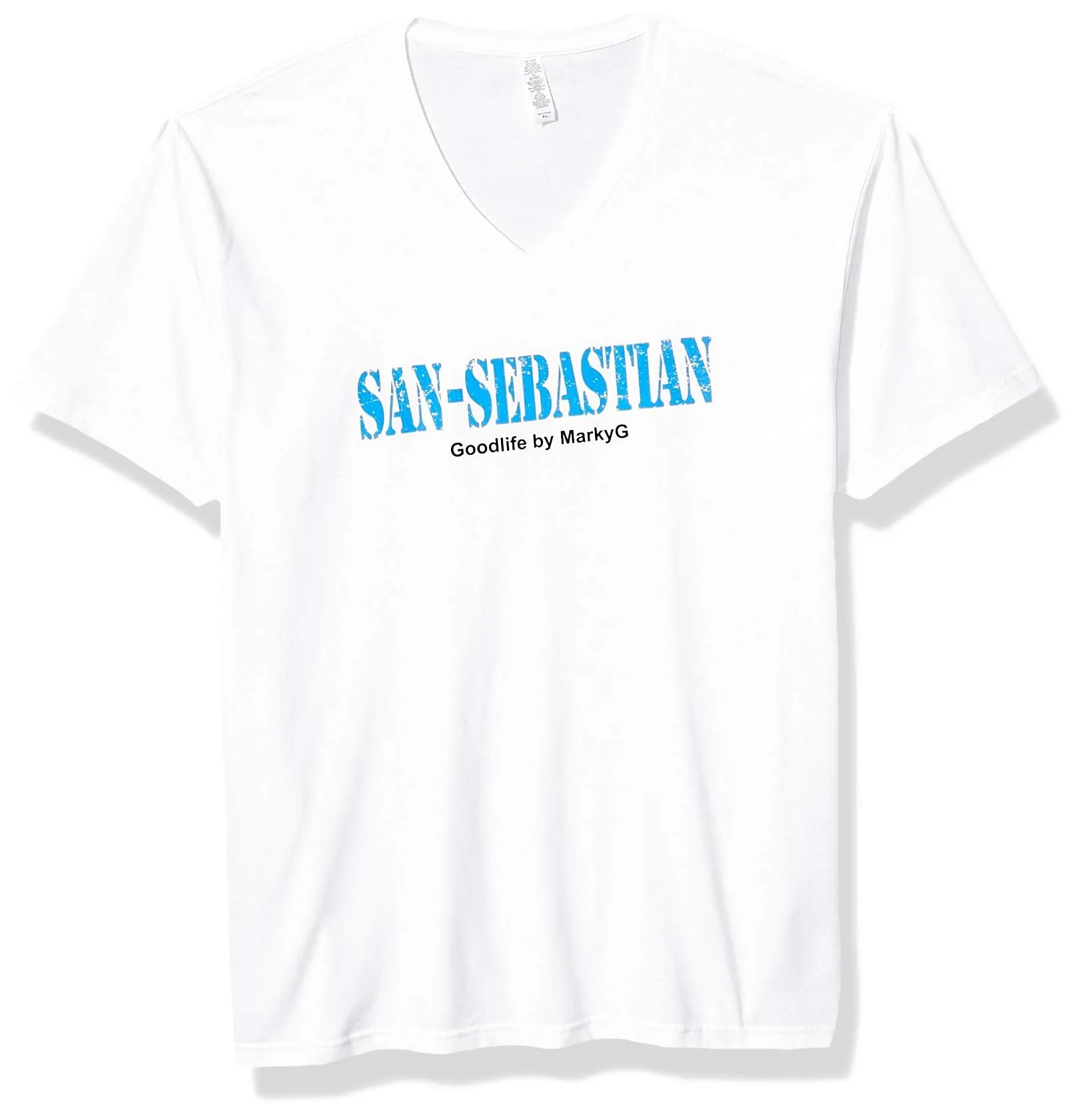 Marky G Apparel Men's San Sebastian Graphic Printed Premium Tops Fitted Sueded Short Sleev V-Neck T-Shirt