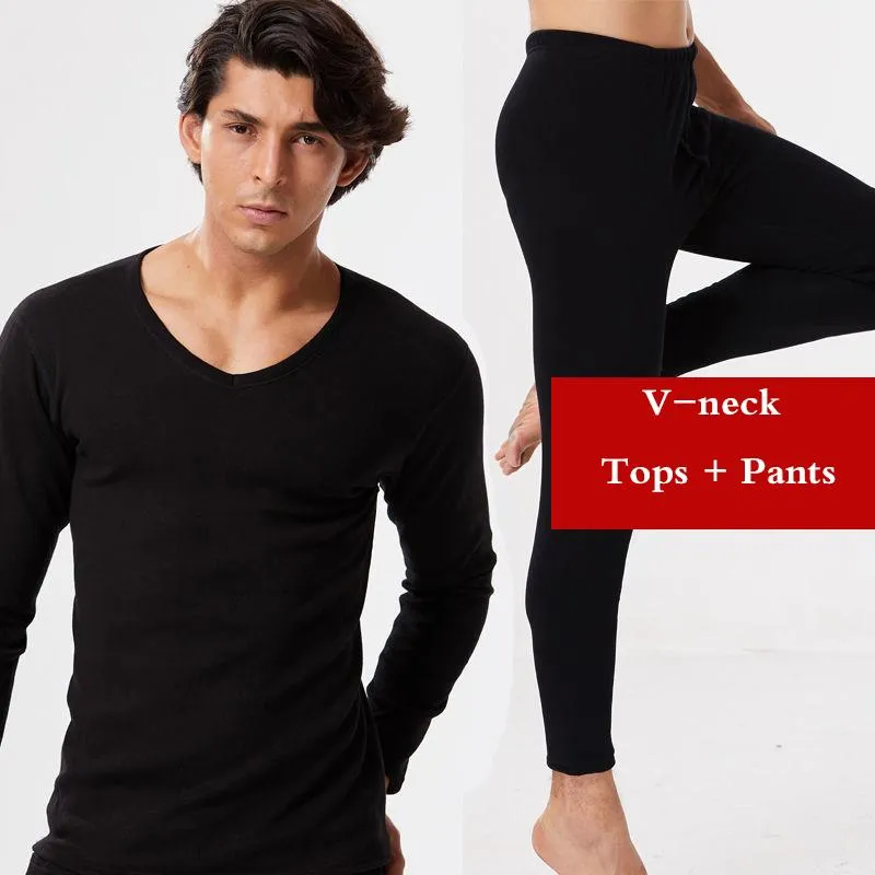 Men Winter Windproof Thermal Underwear Plus Velvet Thickened O-neck Warm V-neck Tops Pants Male Tight Suit Soft Lining Long Sleeve High elasticity