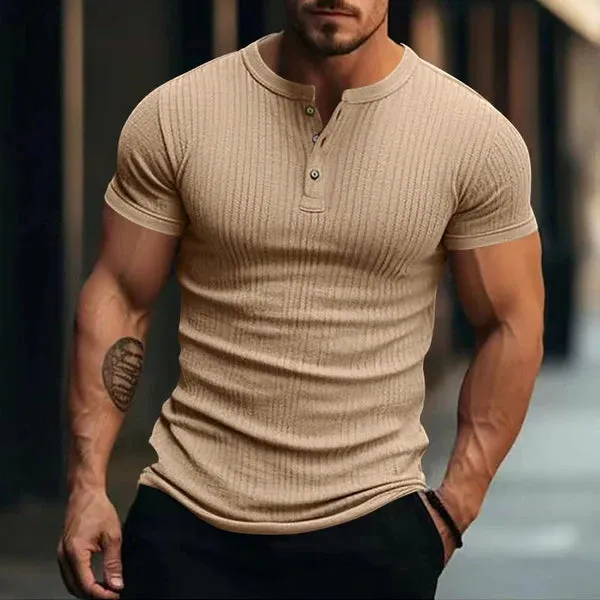 MEN'S CASUAL STRETCH KNIT SHORT SLEEVE HENLEY T-SHIRT