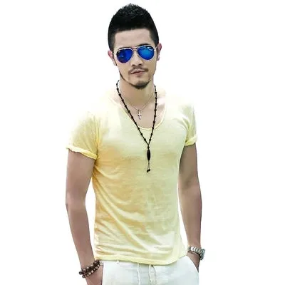 Men's Exclusive Pretty Tops V Neck T Shirts Stunning Cut Off Border New Summer Style #Q001