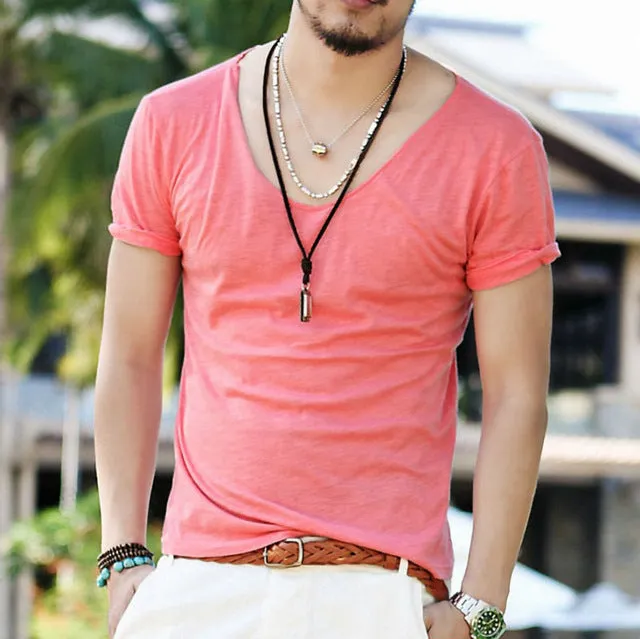 Men's Exclusive Pretty Tops V Neck T Shirts Stunning Cut Off Border New Summer Style #Q001