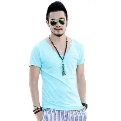 Men's Exclusive Pretty Tops V Neck T Shirts Stunning Cut Off Border New Summer Style #Q001