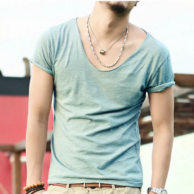 Men's Exclusive Pretty Tops V Neck T Shirts Stunning Cut Off Border New Summer Style #Q001