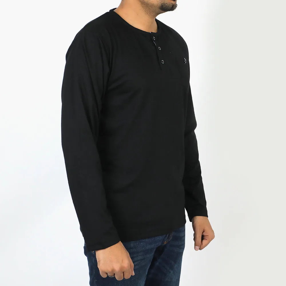Men's Full Sleeves Henley T-Shirt - Black