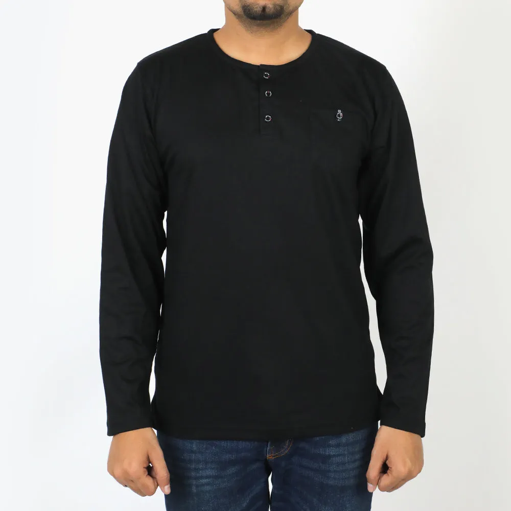 Men's Full Sleeves Henley T-Shirt - Black