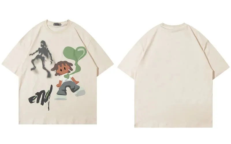 Men's Harajuku Streetwear Oversized T-Shirt with Funny Ghost Heart Graphic