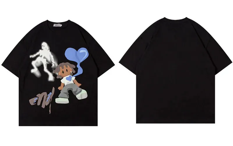 Men's Harajuku Streetwear Oversized T-Shirt with Funny Ghost Heart Graphic
