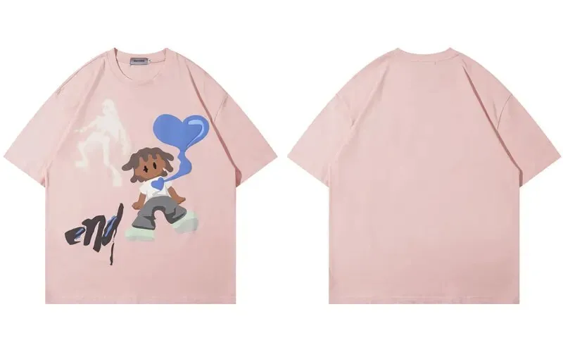 Men's Harajuku Streetwear Oversized T-Shirt with Funny Ghost Heart Graphic