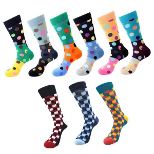 Men's Multicolor Big Dots & Rectangle Pattern 9pk Assorted Bundle Colorful Socks