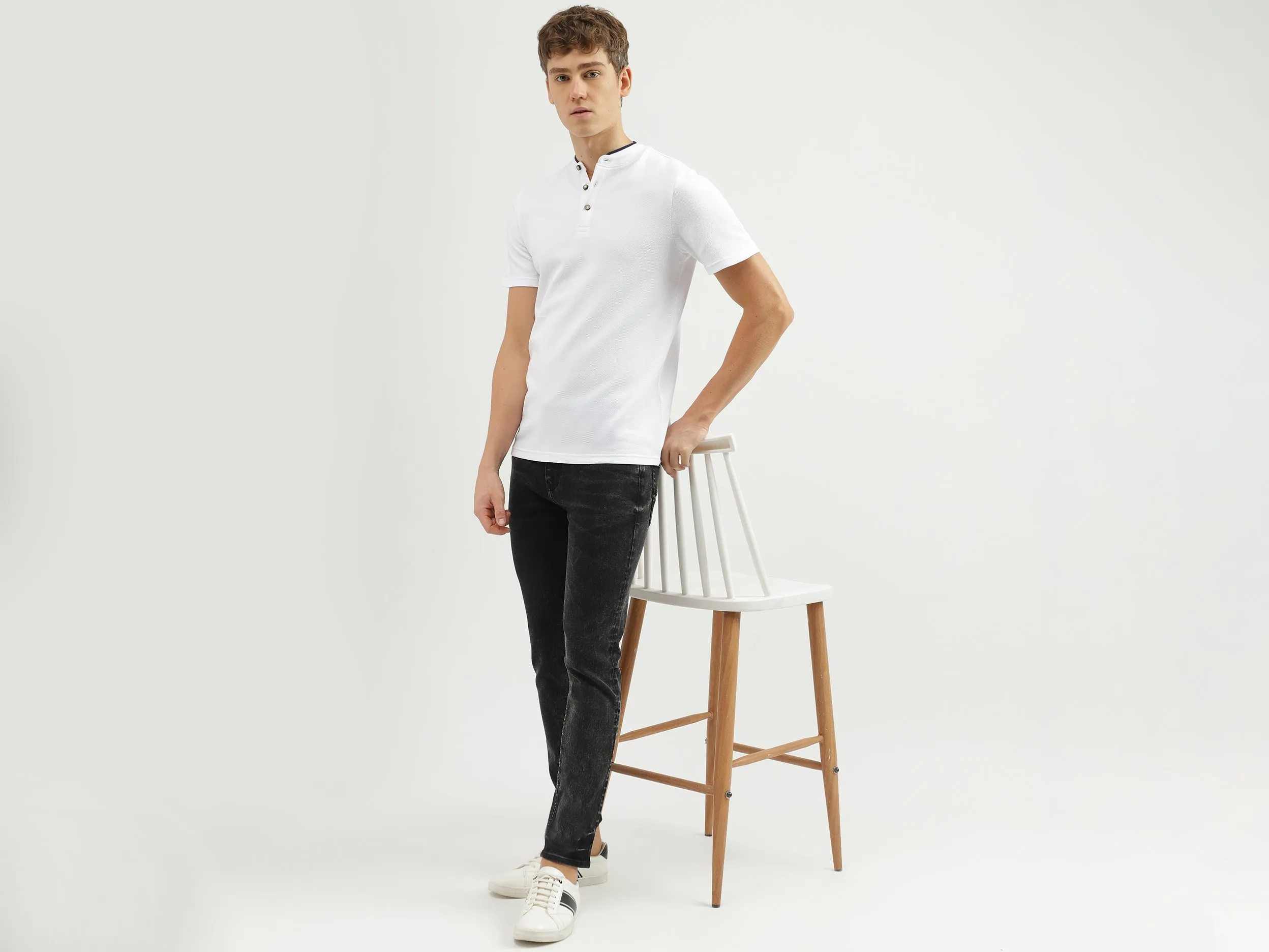 Men's Regular Fit Henley Neck Textured T-Shirt