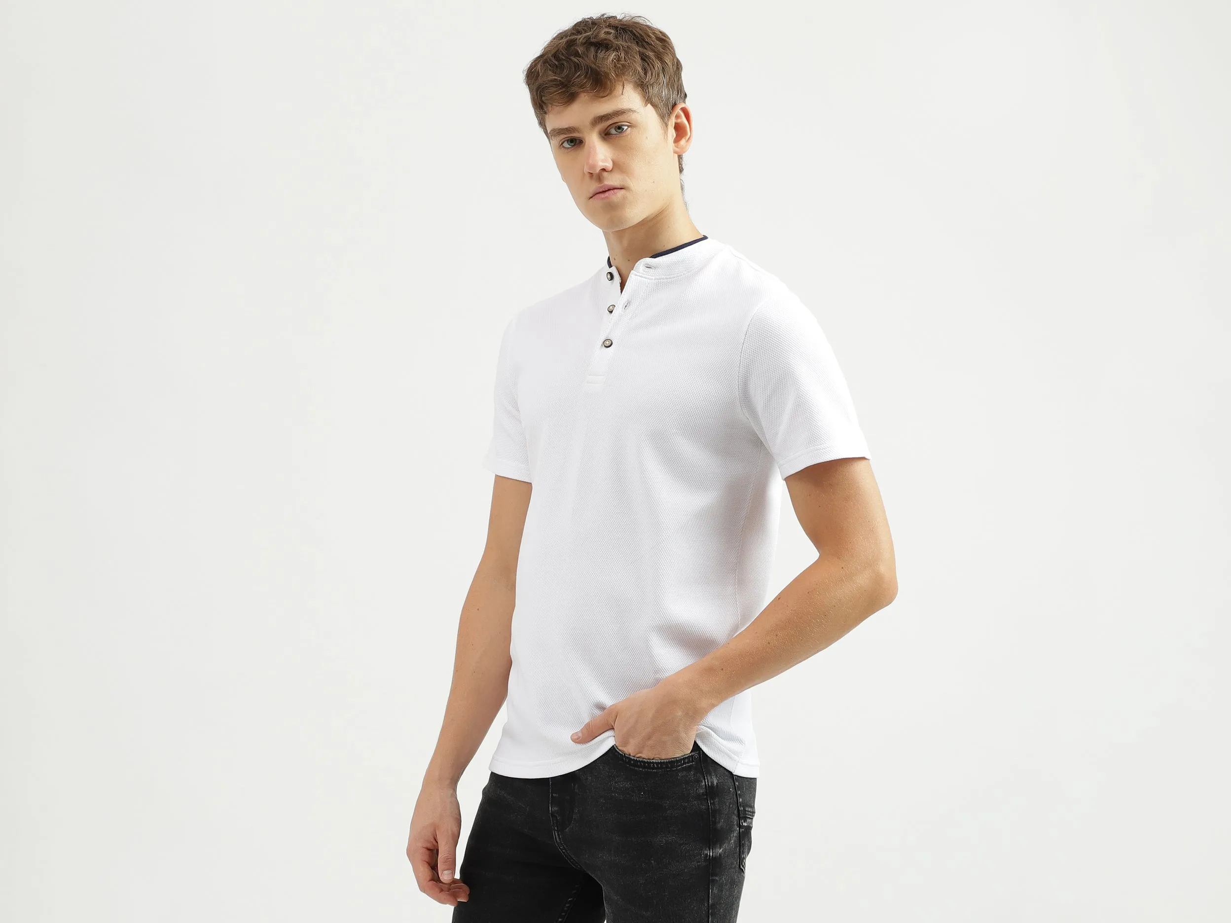 Men's Regular Fit Henley Neck Textured T-Shirt