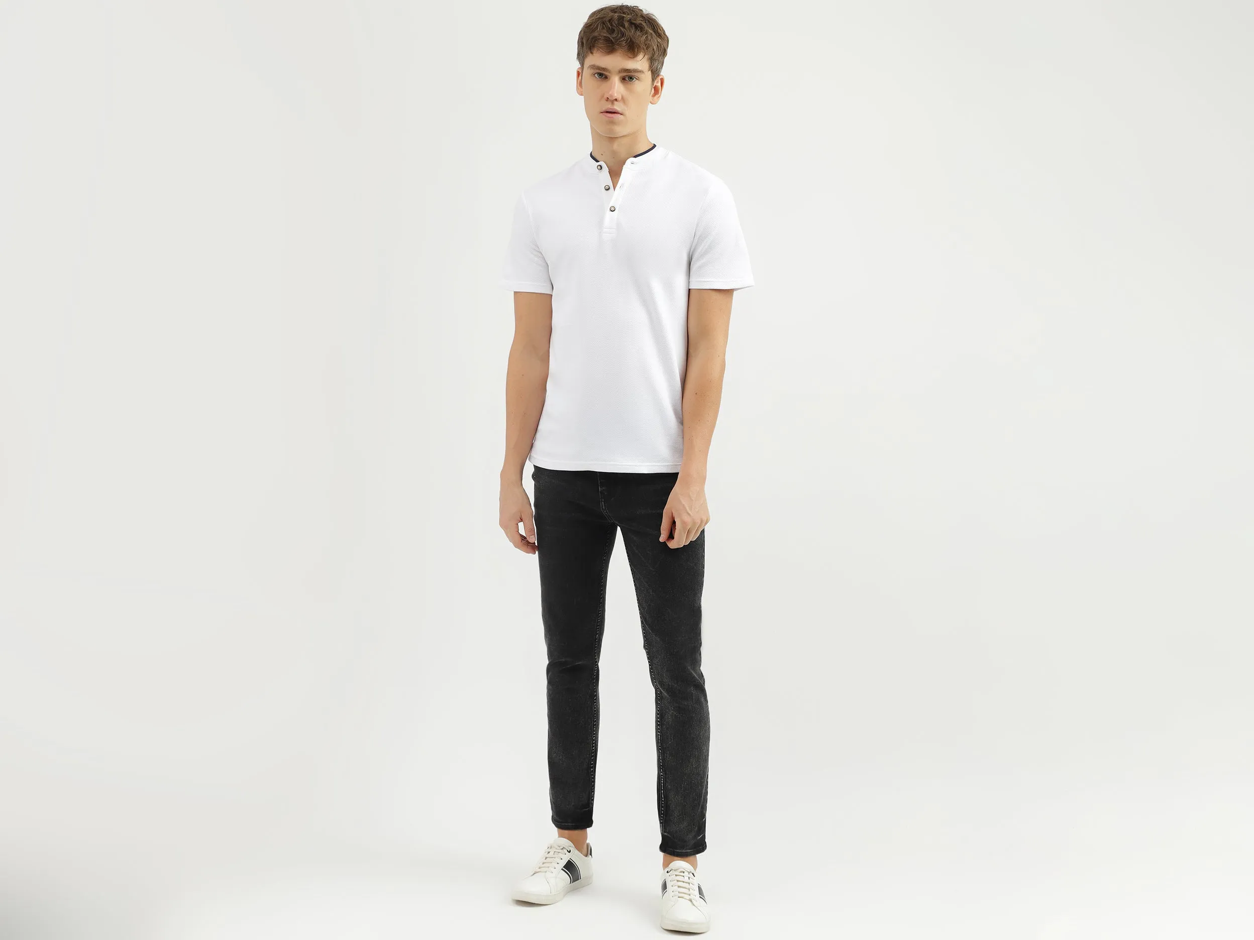 Men's Regular Fit Henley Neck Textured T-Shirt