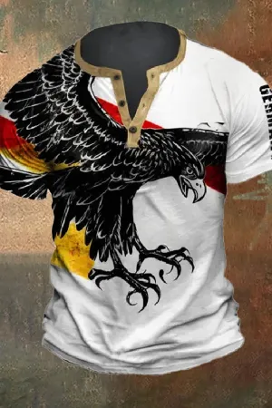 Men's Retro Distressed German Flag Print Henley Neck T-Shirt