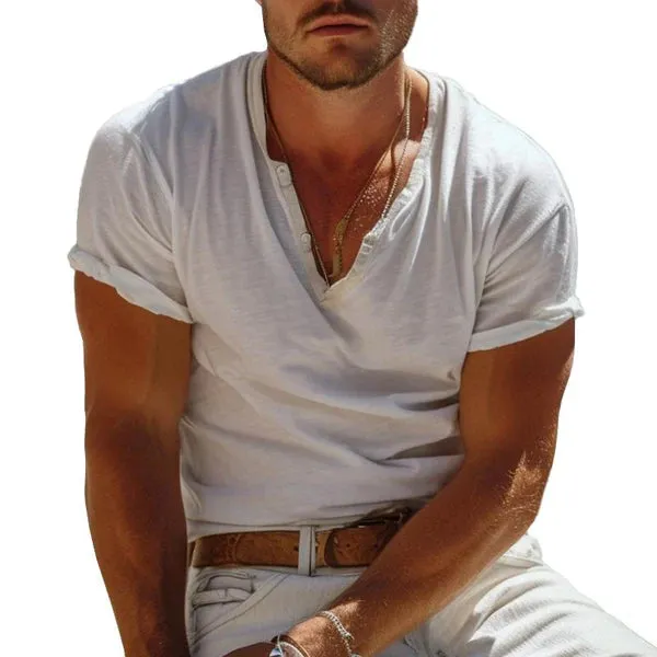 MEN'S SOLID HENLEY COLLAR SHORT SLEEVE T-SHIRT